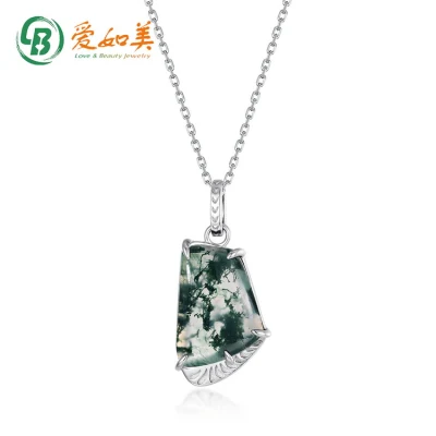 Novo design preço de atacado joias requintadas prata esterlina 925 delicada corrente natural verde musgo ágata pingente